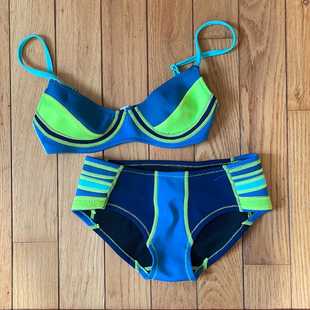 Cynthia Rowley Blue and Neon Green Two-Piece Bikini
